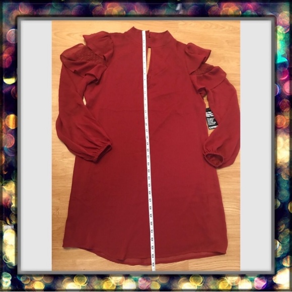 {Express} Cut Out Chock Mock Neck Sheath Red Mini Flowy Ruffle Dress - Picture 5 of 7